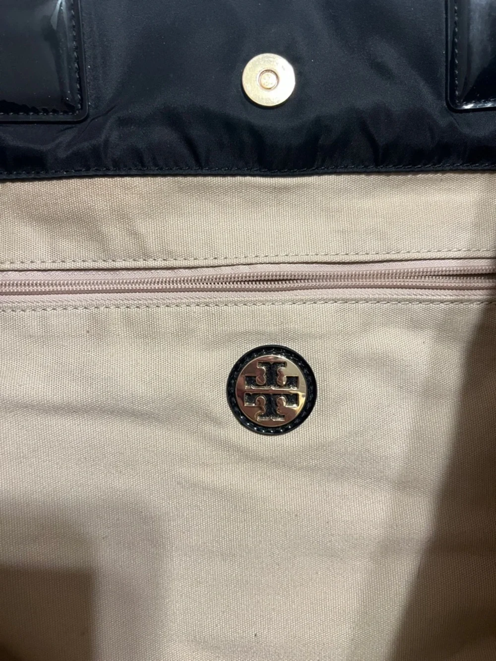Tory Burch Ella Patent Black Nylon Tote with Glossy Logo Accent